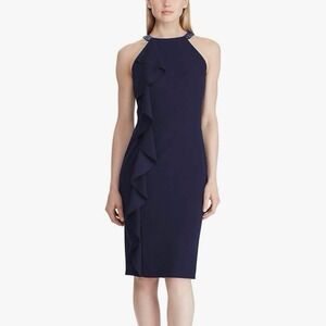 NWT Ralph Lauren‎ Navy Blue Ruffled Beaded Halter Sheath Party Dress Size 12